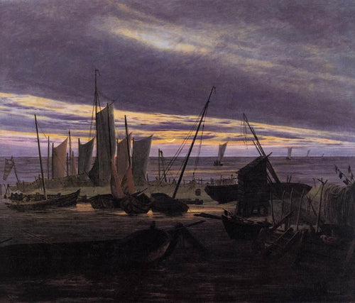 Barcos no porto à noite (Caspar David Friedrich) - Reprodução com Qualidade Museu