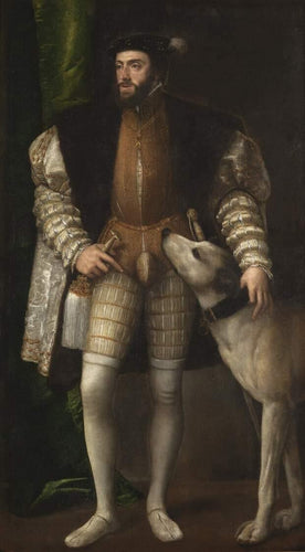 Carlos V em pé com seu cachorro