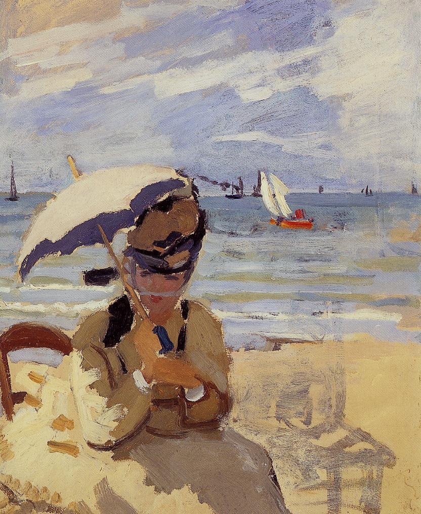 Camille sentada na praia em Trouville (Claude Monet) - Reprodução com Qualidade Museu
