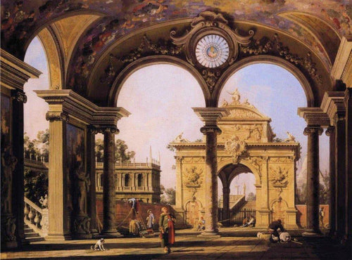 Capriccio de um arco triunfal renascentista visto do pórtico de um palácio - Replicarte