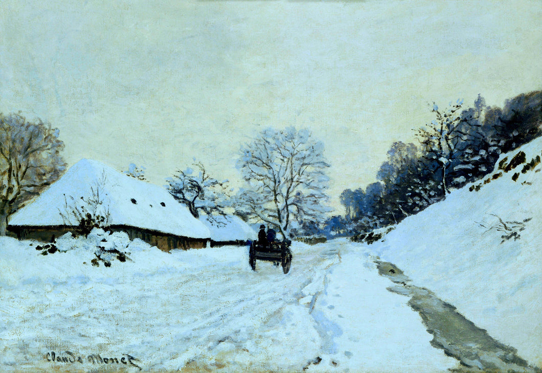 Carrinho na estrada coberta de neve com a fazenda Saint Simeon (Claude Monet) - Reprodução com Qualidade Museu