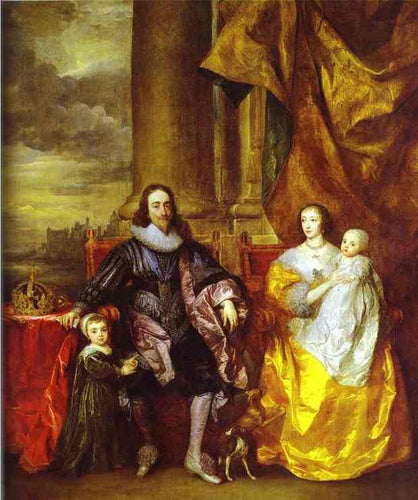 Carlos I e a Rainha Henrietta Maria com Carlos, o Príncipe de Gales e a Princesa Maria (Anthony van Dyck) - Reprodução com Qualidade Museu
