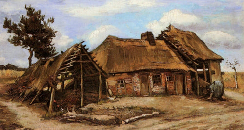 Casa De Campo Com Celeiro Decrépito E Mulher Inclinada (Vincent Van Gogh) - Reprodução com Qualidade Museu