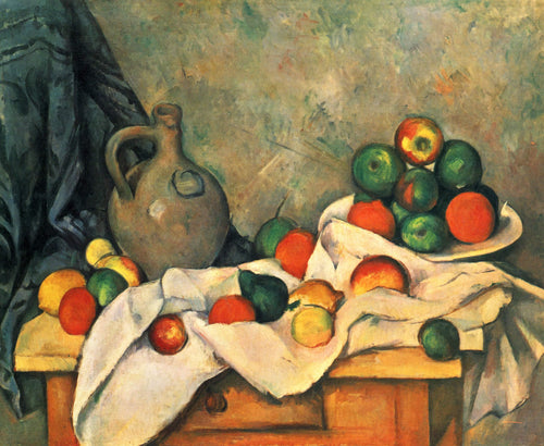 Jarra de cortinados para a natureza morta e tigela de frutas (Paul Cézanne) - Reprodução com Qualidade Museu