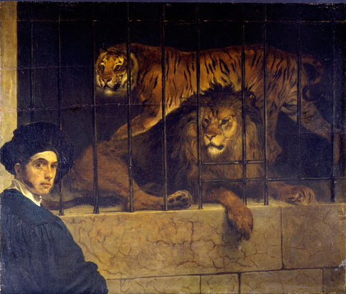 Um leão e um tigre em uma gaiola com um retrato do artista - Replicarte