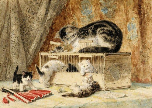 Um gato e seus gatinhos brincando com uma ratoeira - Replicarte