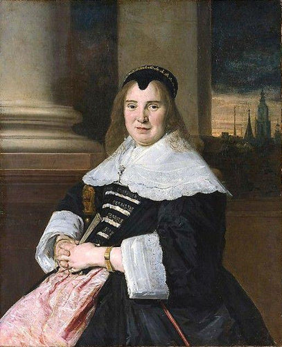 Retrato de uma mulher com um fundo retocado no século 18 para parecer monumental