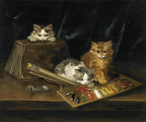 Três gatos com paleta de cores (Alfred-Arthur Brunel de Neuville) - Reprodução com Qualidade Museu