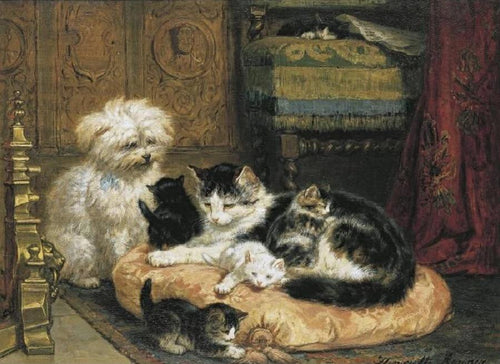 Um gato com seus quatro gatinhos com um cachorro amigável (Henriette Ronner-Knip) - Reprodução com Qualidade Museu