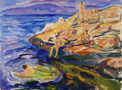 Banhando Homens Nas Rochas (Edvard Munch) - Reprodução com Qualidade Museu