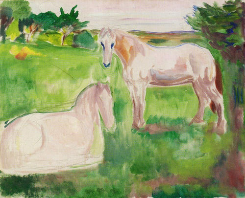 Dois cavalos brancos em um prado verde (Edvard Munch) - Reprodução com Qualidade Museu