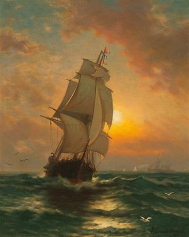 Vela completa ao pôr do sol (Edward Moran) - Reprodução com Qualidade Museu