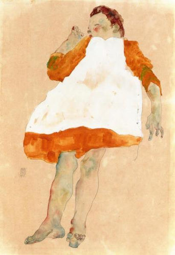 Criança com vestido laranja com avental branco - Replicarte