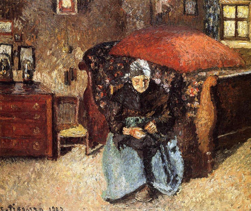 Mulher idosa consertando roupas velhas, Moret (Camille Pissarro) - Reprodução com Qualidade Museu