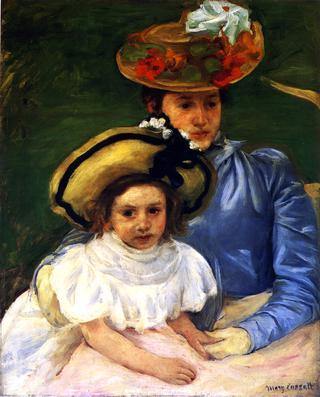 Mãe e filha, ambas usando chapéus grandes (Mary Cassatt) - Reprodução com Qualidade Museu