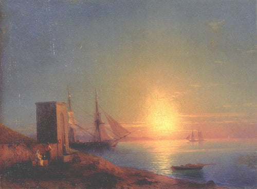 Figuras em uma paisagem costeira ao pôr do sol (Ivan Aivazovsky) - Reprodução com Qualidade Museu