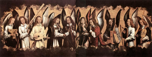 Cinco anjos tocando instrumentos musicais - painel esquerdo de um tríptico da Igreja de Santa Maria La Real Najera