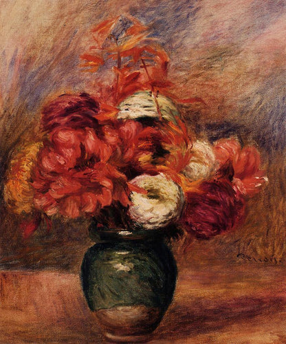 Flores em um vaso verde - dálilas e ásteres (Pierre-Auguste Renoir) - Reprodução com Qualidade Museu