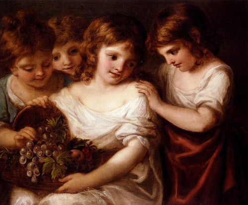 Quatro crianças com uma cesta de frutas - Replicarte