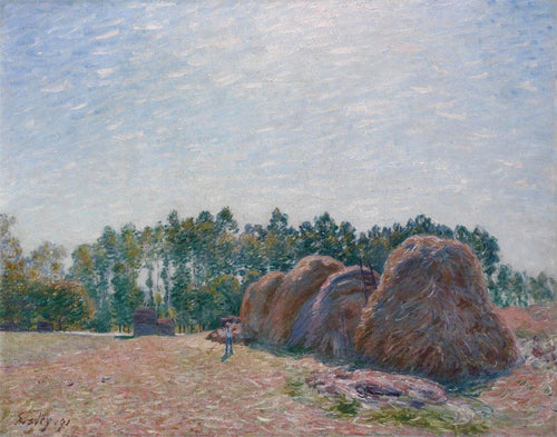 Monte de feno em Moret Morning Light (Alfred Sisley) - Reprodução com Qualidade Museu