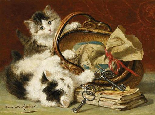 Dois gatinhos brincando com uma cesta (Henriette Ronner-Knip) - Reprodução com Qualidade Museu