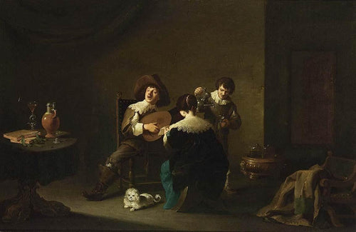Interior com um cavalheiro tocando alaúde e uma senhora cantando - Replicarte