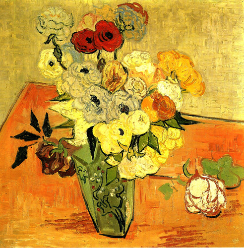 Vaso Japonês Com Rosas E Anêmonas (Vincent Van Gogh) - Reprodução com Qualidade Museu