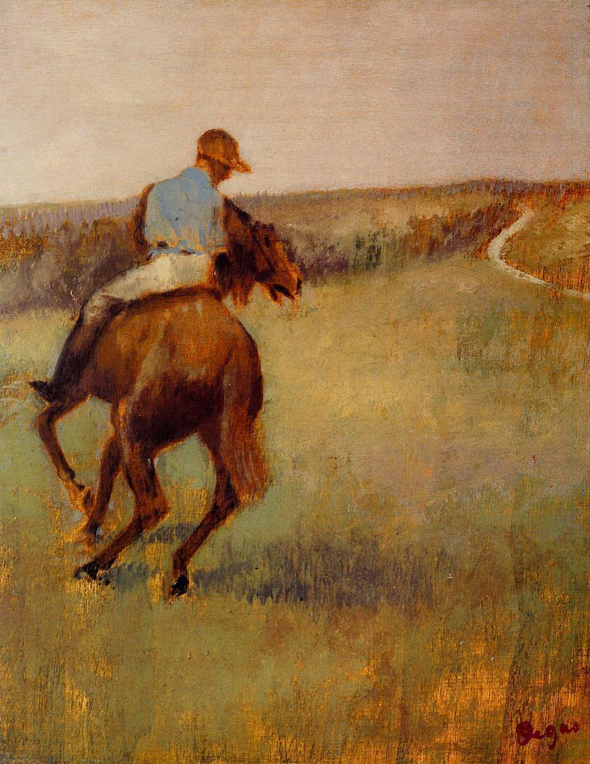 Jóquei em azul em um cavalo castanho (Edgar Degas) - Reprodução com Qualidade Museu
