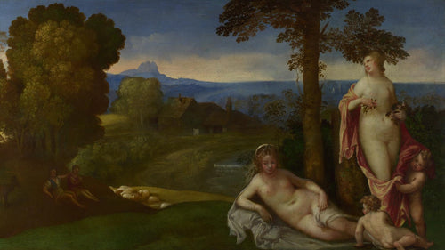Ninfas e crianças em uma paisagem com pastores (Giorgione) - Reprodução com Qualidade Museu