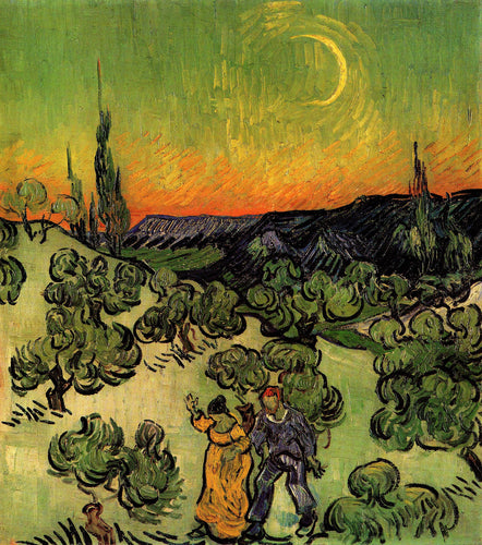Paisagem com casal caminhando e lua crescente (Vincent Van Gogh) - Reprodução com Qualidade Museu