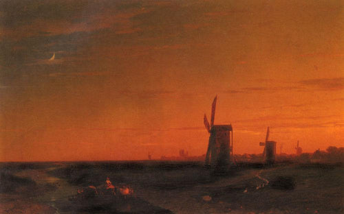 Paisagem com moinhos de vento (Ivan Aivazovsky) - Reprodução com Qualidade Museu
