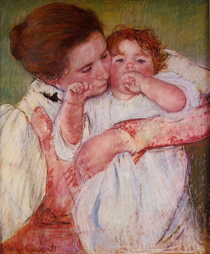 A pequena Ann chupando o dedo, abraçada pela mãe (Mary Cassatt) - Reprodução com Qualidade Museu