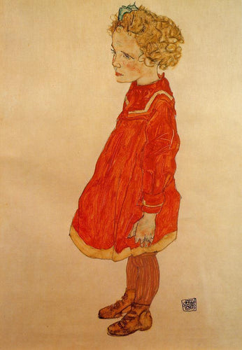 Menina com cabelo loiro em um vestido vermelho - Replicarte