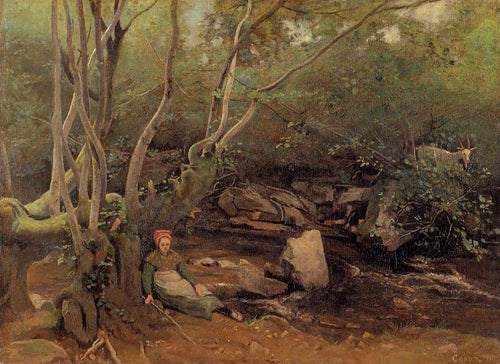 Pastora Lormes sentada sob as árvores ao lado de um riacho