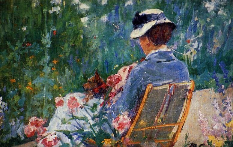 Lydia sentada no jardim com um cachorro no colo (Mary Cassatt) - Reprodução com Qualidade Museu