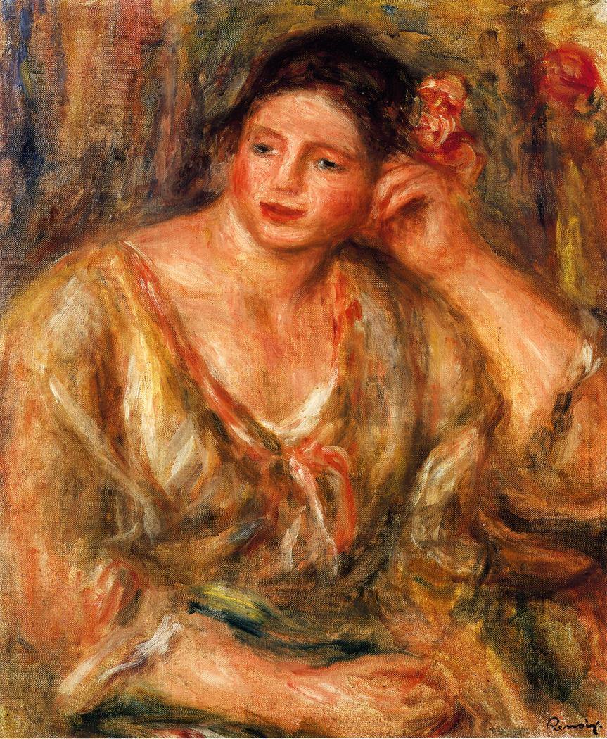 Madeleine inclinada sobre o cotovelo com flores no cabelo (Pierre-Auguste Renoir) - Reprodução com Qualidade Museu