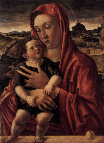 Madonna, com criança em pé sobre um parapeito
