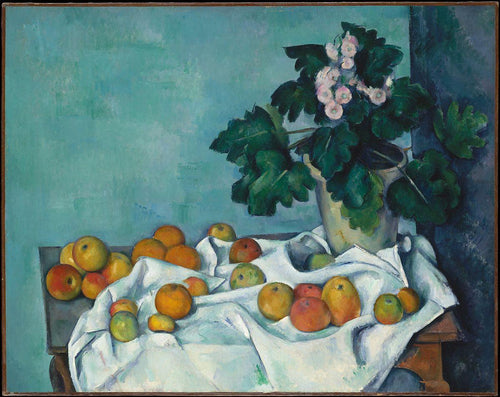 Natureza morta com maçãs e um pote de prímulas (Paul Cézanne) - Reprodução com Qualidade Museu