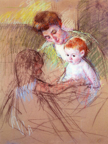 Mãe e filha olhando para o bebê (Mary Cassatt) - Reprodução com Qualidade Museu