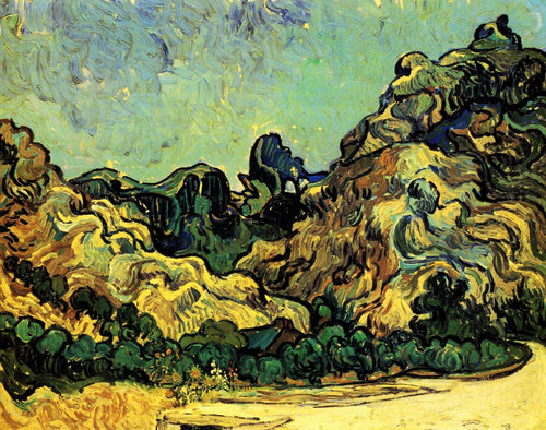 Montanhas em Saint Remy com Dark Cottage (Vincent Van Gogh) - Reprodução com Qualidade Museu