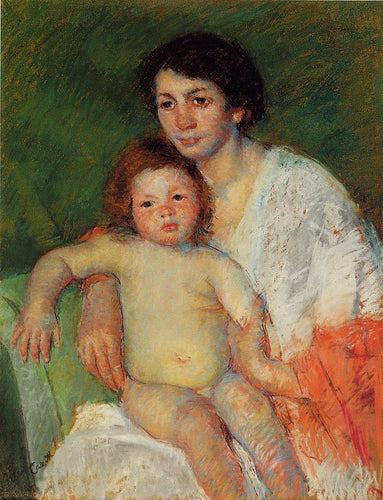 Bebê nu no colo da mãe, com o braço apoiado nas costas da cadeira (Mary Cassatt) - Reprodução com Qualidade Museu