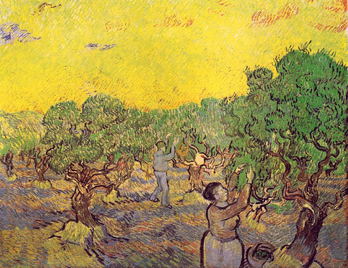 Olive Grove com figuras de colheita (Vincent Van Gogh) - Reprodução com Qualidade Museu