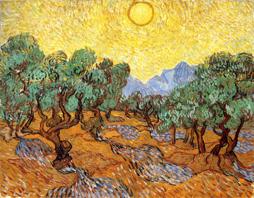 Oliveiras com céu e sol amarelos (Vincent Van Gogh) - Reprodução com Qualidade Museu