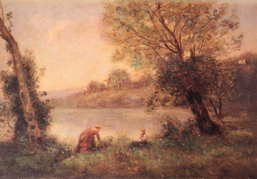 Camponesa de Ville Davray e seu filho entre duas árvores na margem de um lago