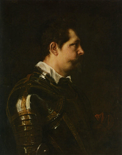 Retrato de um comandante militar, busto de perfil em armadura damascena com faixa vermelha Colland branca (Anthony van Dyck) - Reprodução com Qualidade Museu