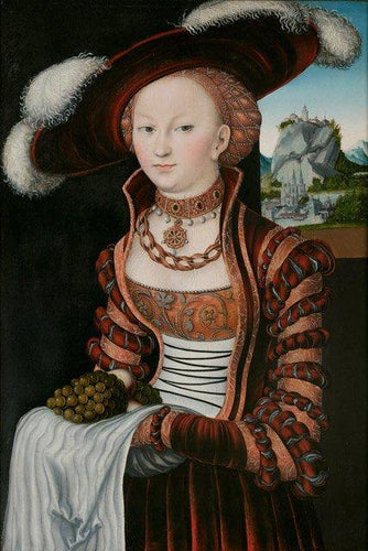 Retrato de uma jovem segurando uvas e maçãs