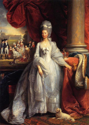 Retrato da Rainha Charlotte do Reino Unido com Windsor e a família real ao fundo - Replicarte