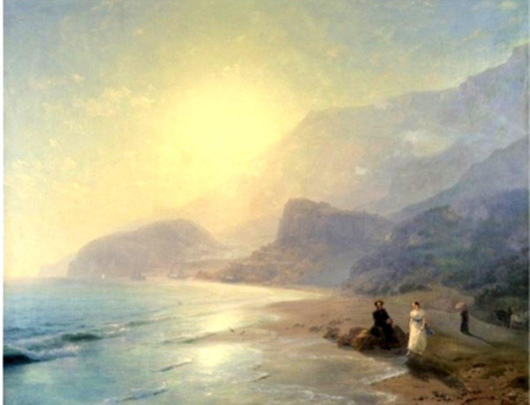 Pushkin e a condessa Raevskaya à beira-mar, perto de Gurzuf e Partenit (Ivan Aivazovsky) - Reprodução com Qualidade Museu