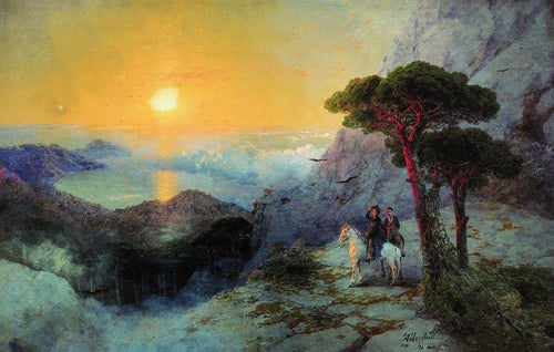 Pushkin no topo da montanha Ai Petri ao nascer do sol (Ivan Aivazovsky) - Reprodução com Qualidade Museu