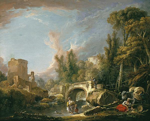 Paisagem do rio com ruínas e ponte